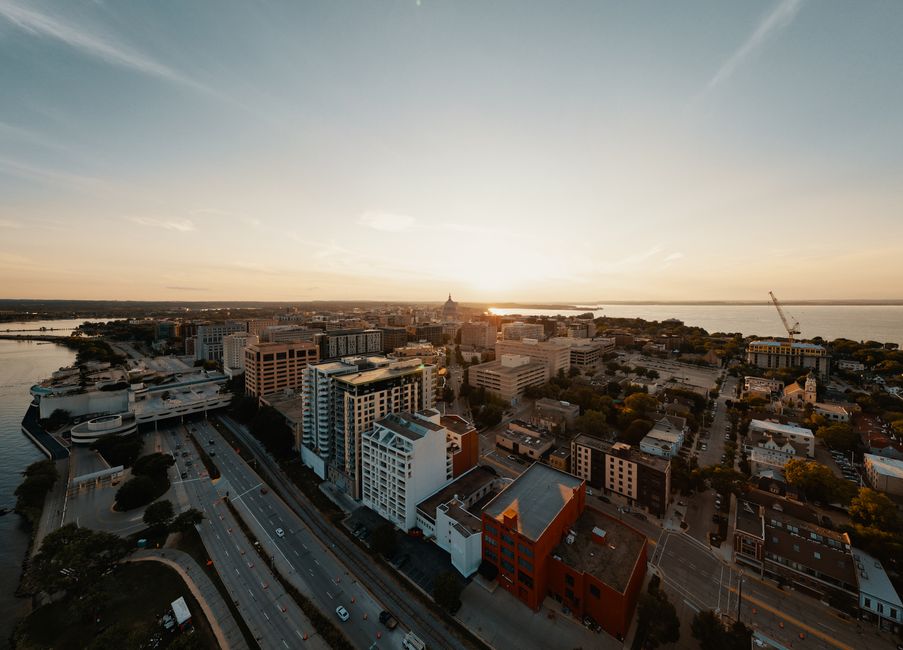 Downtown Madison's isthmus skyline between Lake Mendota and Lake Monona