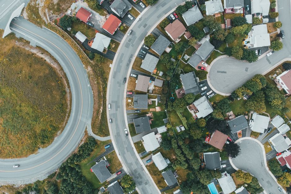 An aerial view of a curved suburban residential street in Wisconsin