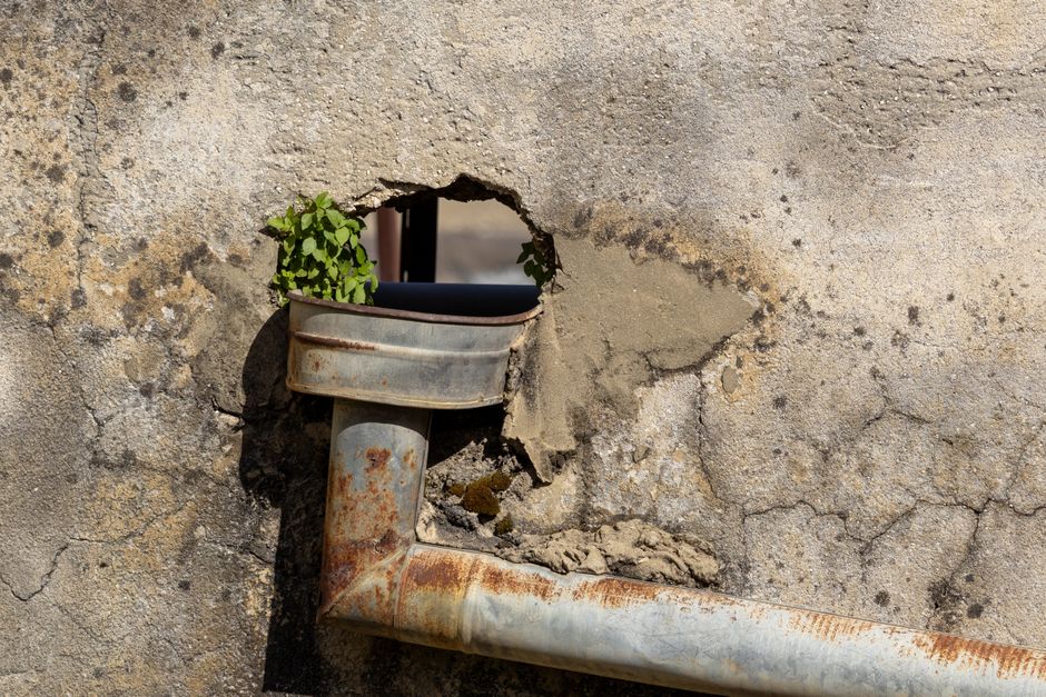 Metal window well showing rust holes and a gap where it meets the foundation wall
