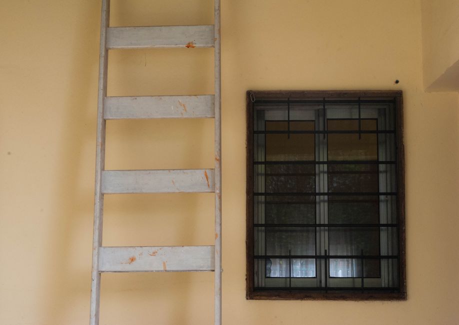 A metal ladder mounted inside a deep window well